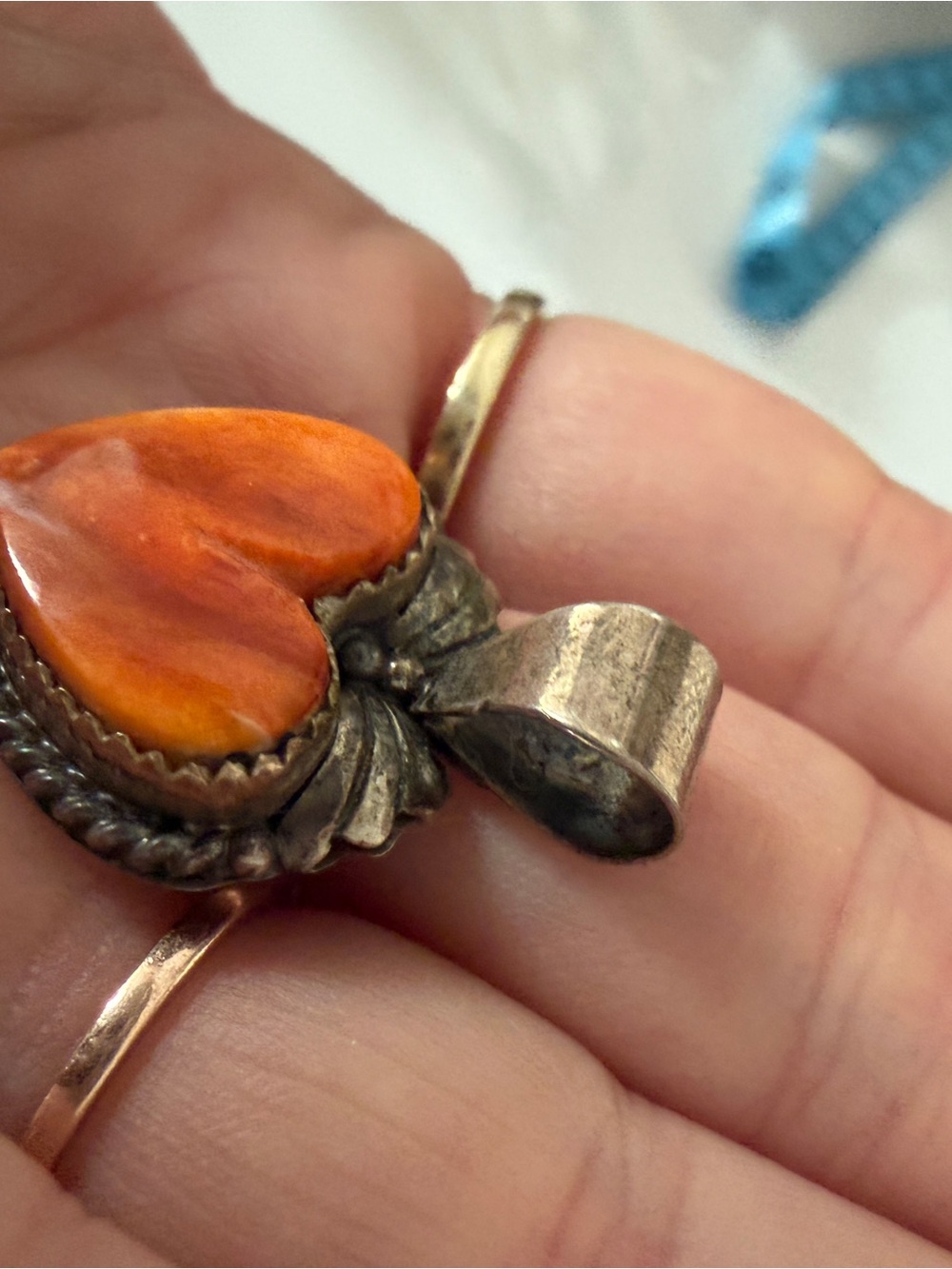 Vintage Signed Spiny Oyster Heart Pendant 925